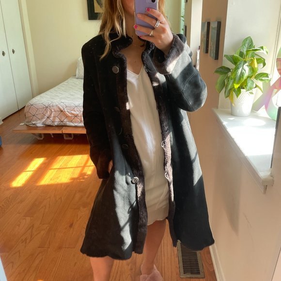 Donna Irene Shearling Button Down Coat Black and Navy - Picture 1 of 12